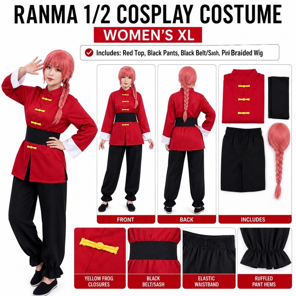 Ranma 1/2 Cosplay Costume Set Red Top Black Pants Pink Wig XL Anime Outfit